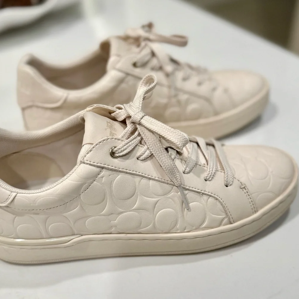 Coach Embossed Cream Leather Sneakers - Picture 1 of 4